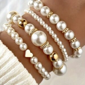 Elegant Pearl & Gold-Tone Bead Bracelet Set