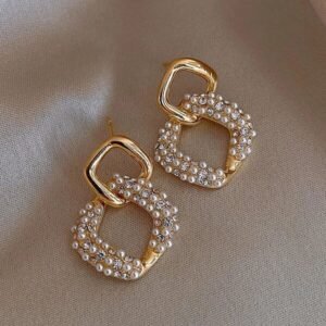Elegant Gold-Tone Pearl & Crystal Link Earrings