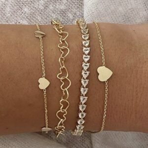 Romantic Gold-Tone & Crystal Heart Bracelet Stack