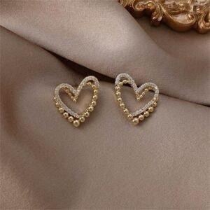 Golden Beaded Heart Statement Earrings